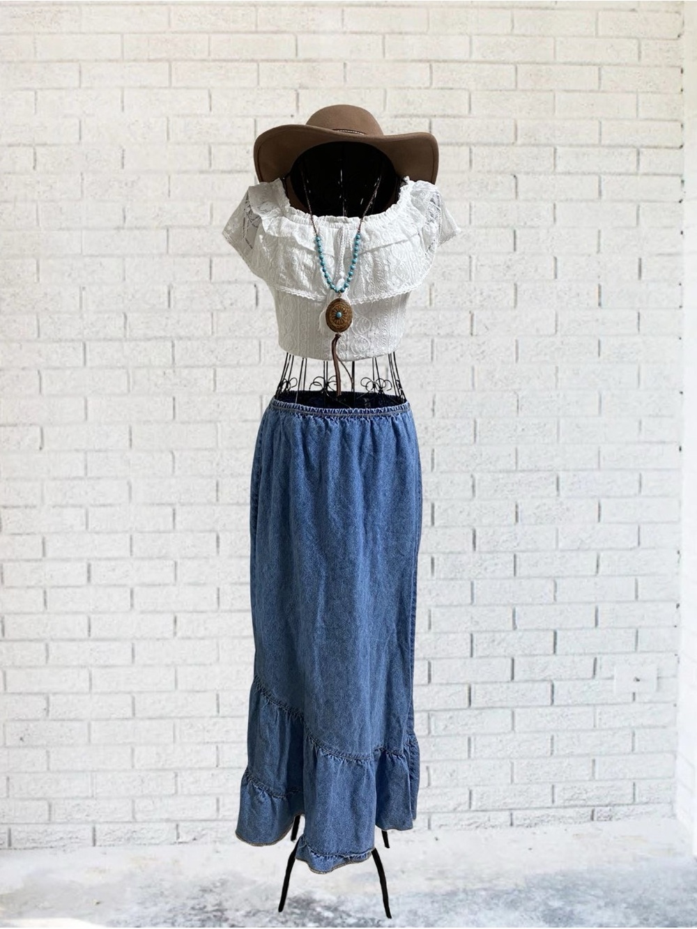 Denim Ruffle Maxi Skirt 90's Cotton Medium Blue Asymmetrical Boho Bohemian Chic